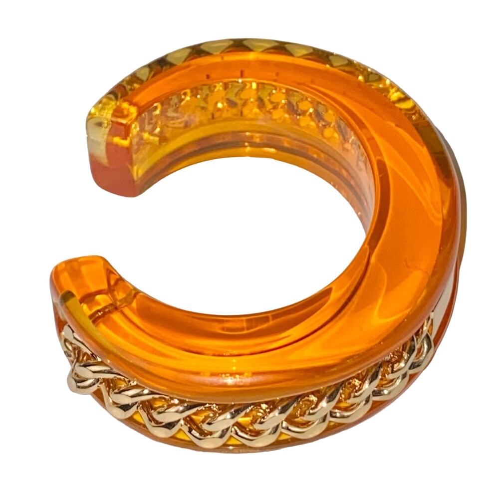 AUTH VTG Christian Dior Orange Lucite Gold Chain Nameplate Logo Cuff Bracelet - Picture 8 of 15